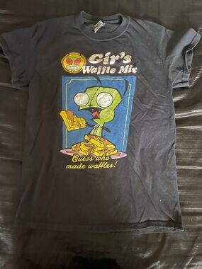 Black Graphic T-Shirt with Colorful Cartoon Waffle Design